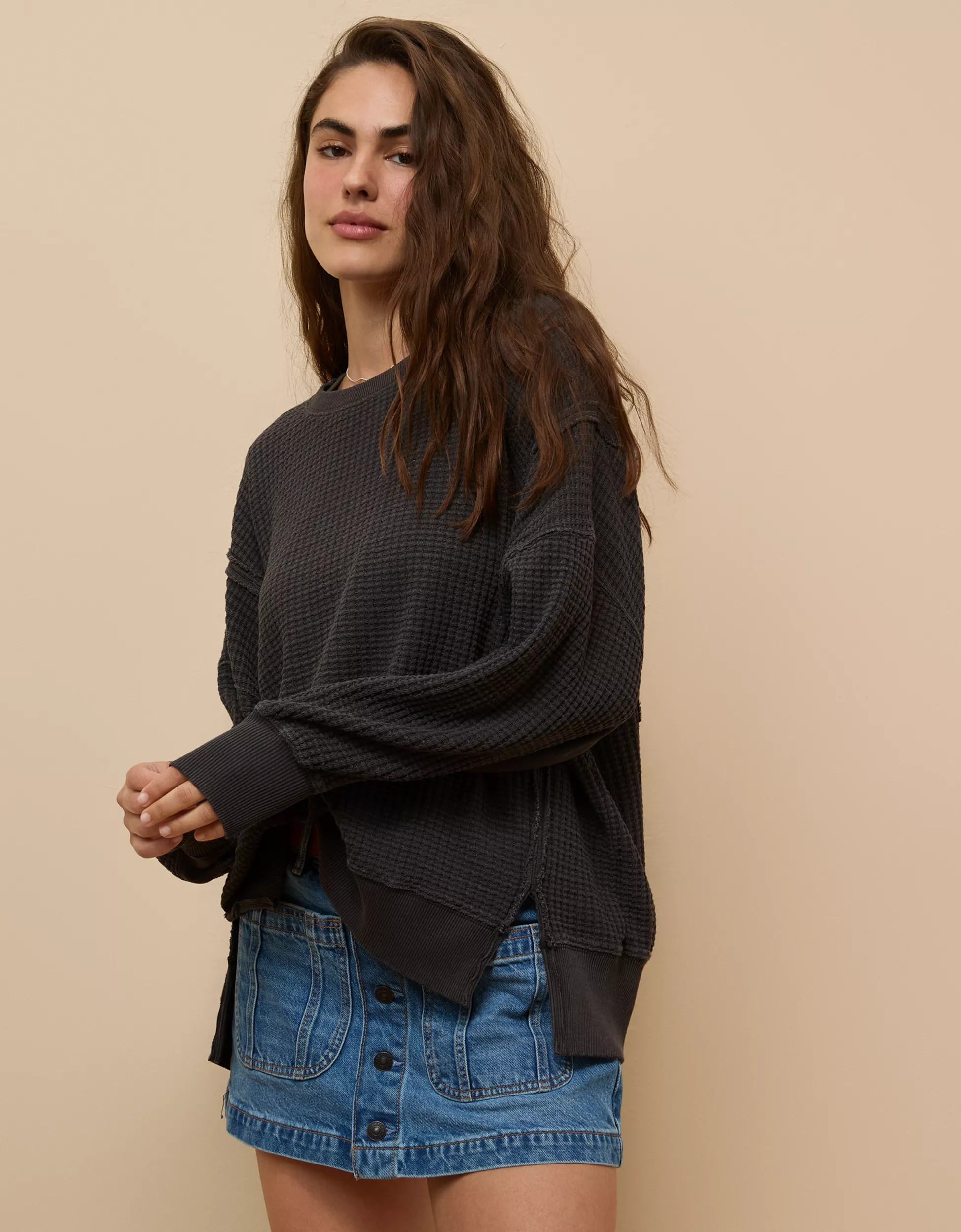 AE Big Hug Waffle Crew Neck Sweatshirt | American Eagle Outfitters (US & CA)