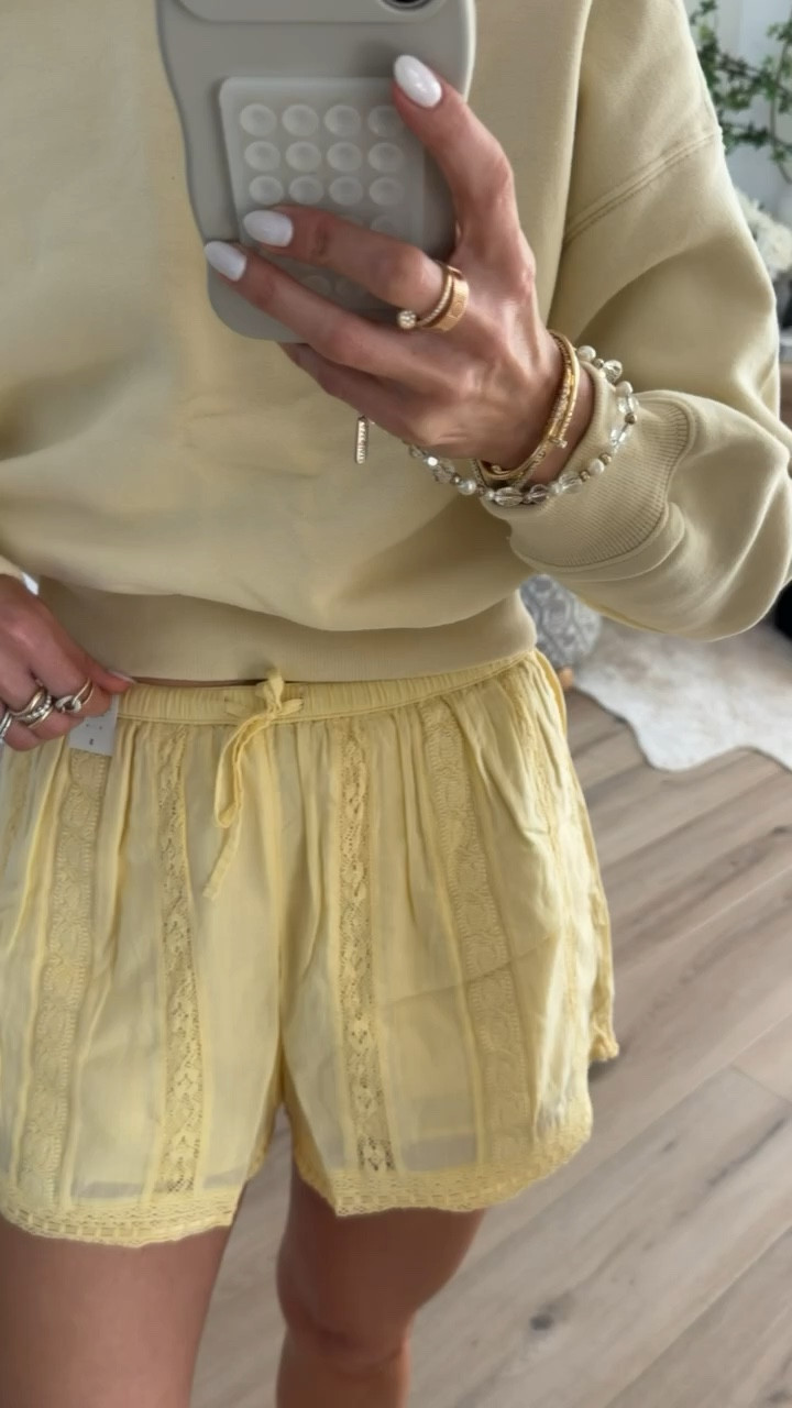 butter yellow, lace shorts, summer shorts, summer outfit, spring break,  one shoulder sweatshirt, spring style, annabrstyle

#LTKootd #LTKSeasonal #LTKOver40