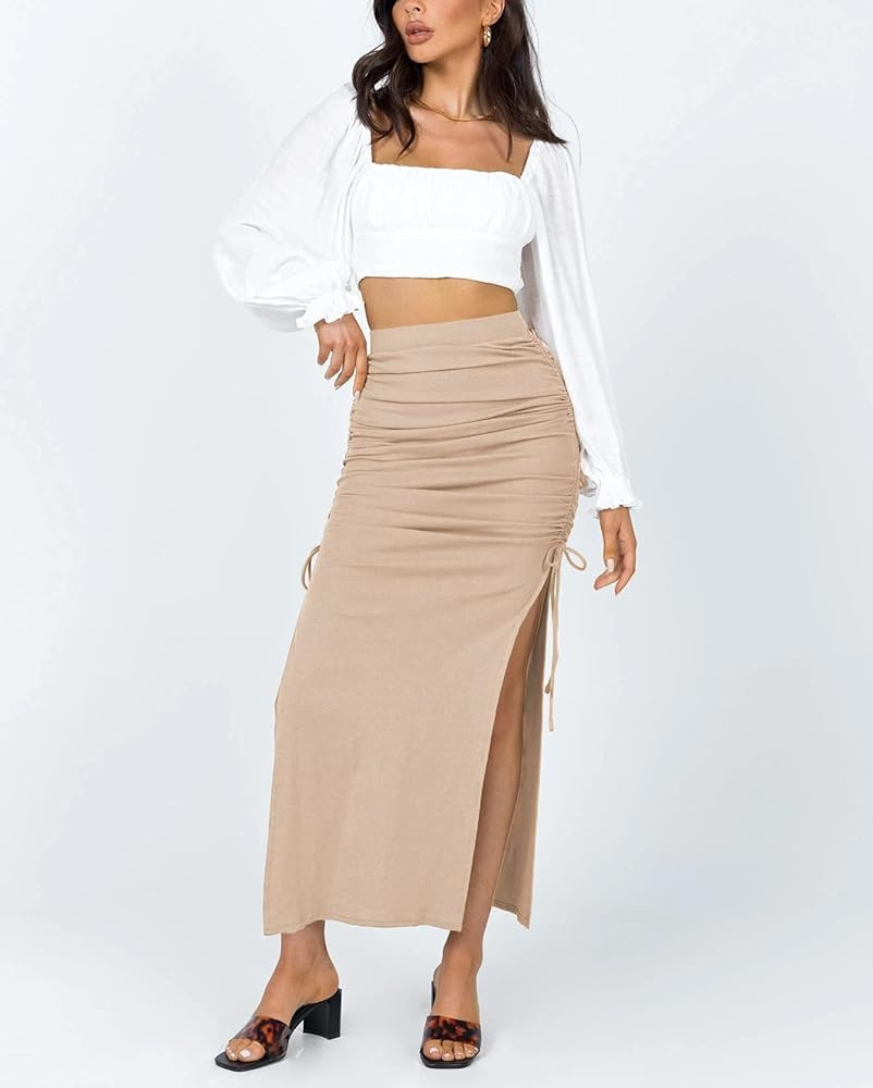 VNDFLAG Women's Elastic High Waisted Stretchy Bodycon Ruched Drawstring Split Long Maxi Skirt | Amazon (US)