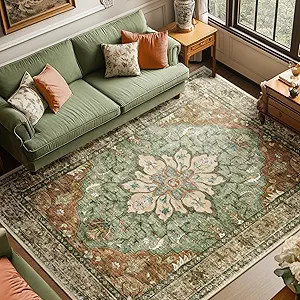 RELEANY Area Rugs 8'x10' Washable Non-Slip, Floral Vintage Distress Medallion Carpet for Living R... | Amazon (US)