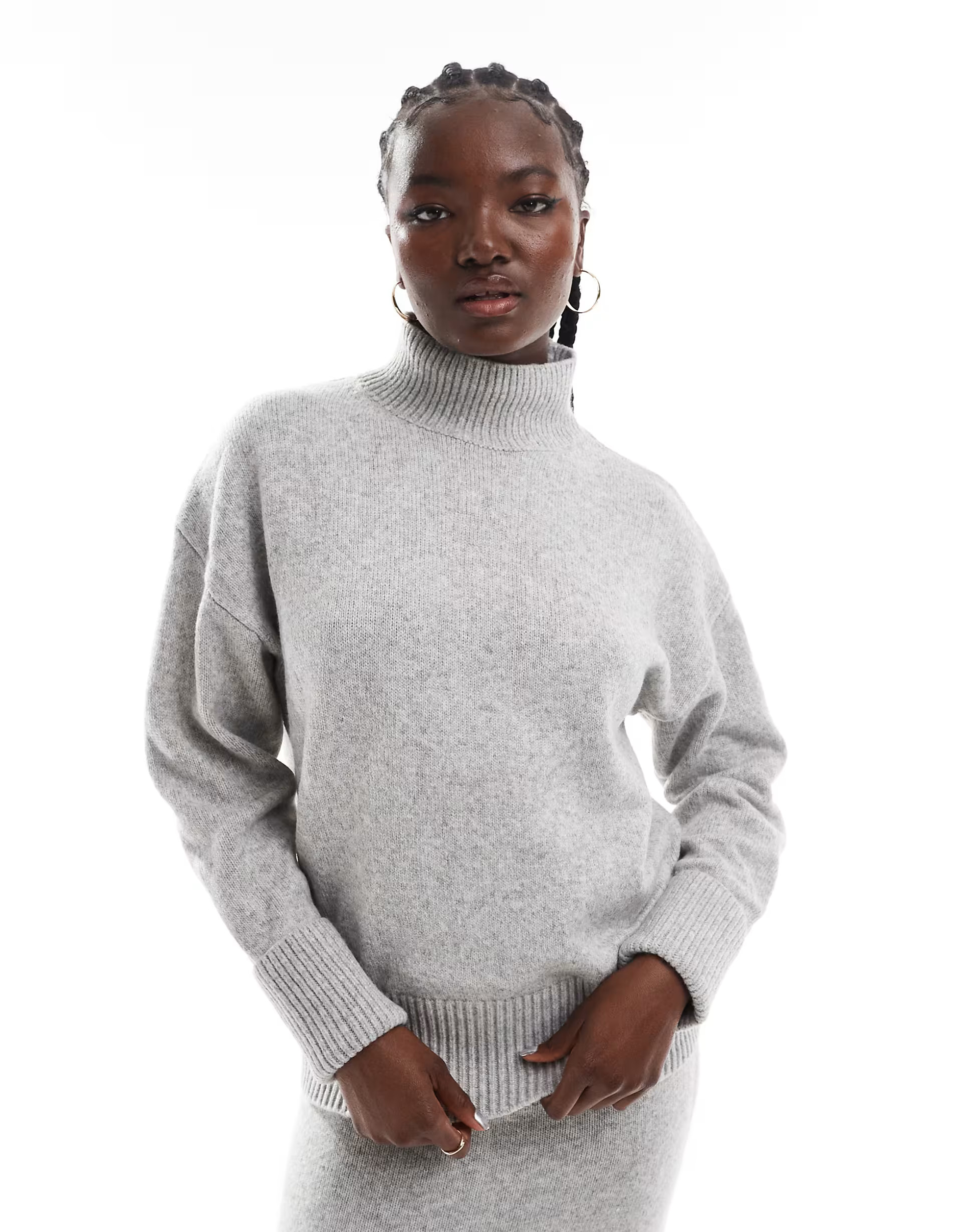 ASOS DESIGN knitted high neck jumper with turn back cuffs in mid grey | ASOS (Global)