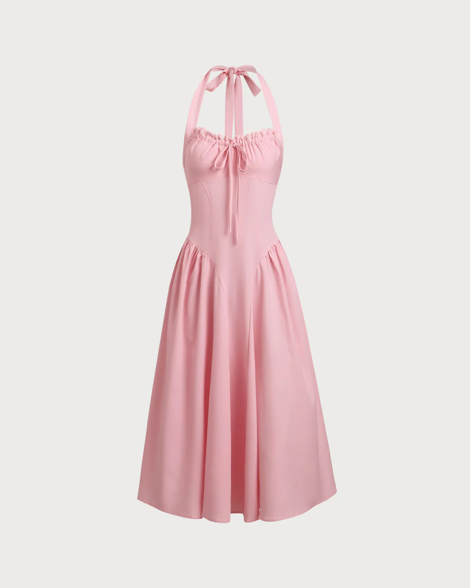Pink Ruched Halter Midi Dress | rihoas.com