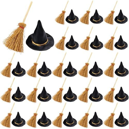 GXXMEI 50PCS/set Mini Witch Hat with Mini Broom Miniature Straw Brooms with Red Rope Plastic Witc... | Amazon (US)