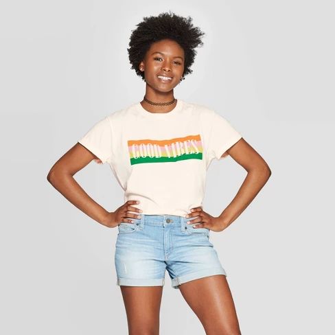 Women's Short Sleeve Good Vibes Graphic T-Shirt - Mighty Fine (Juniors') - Cream | Target
