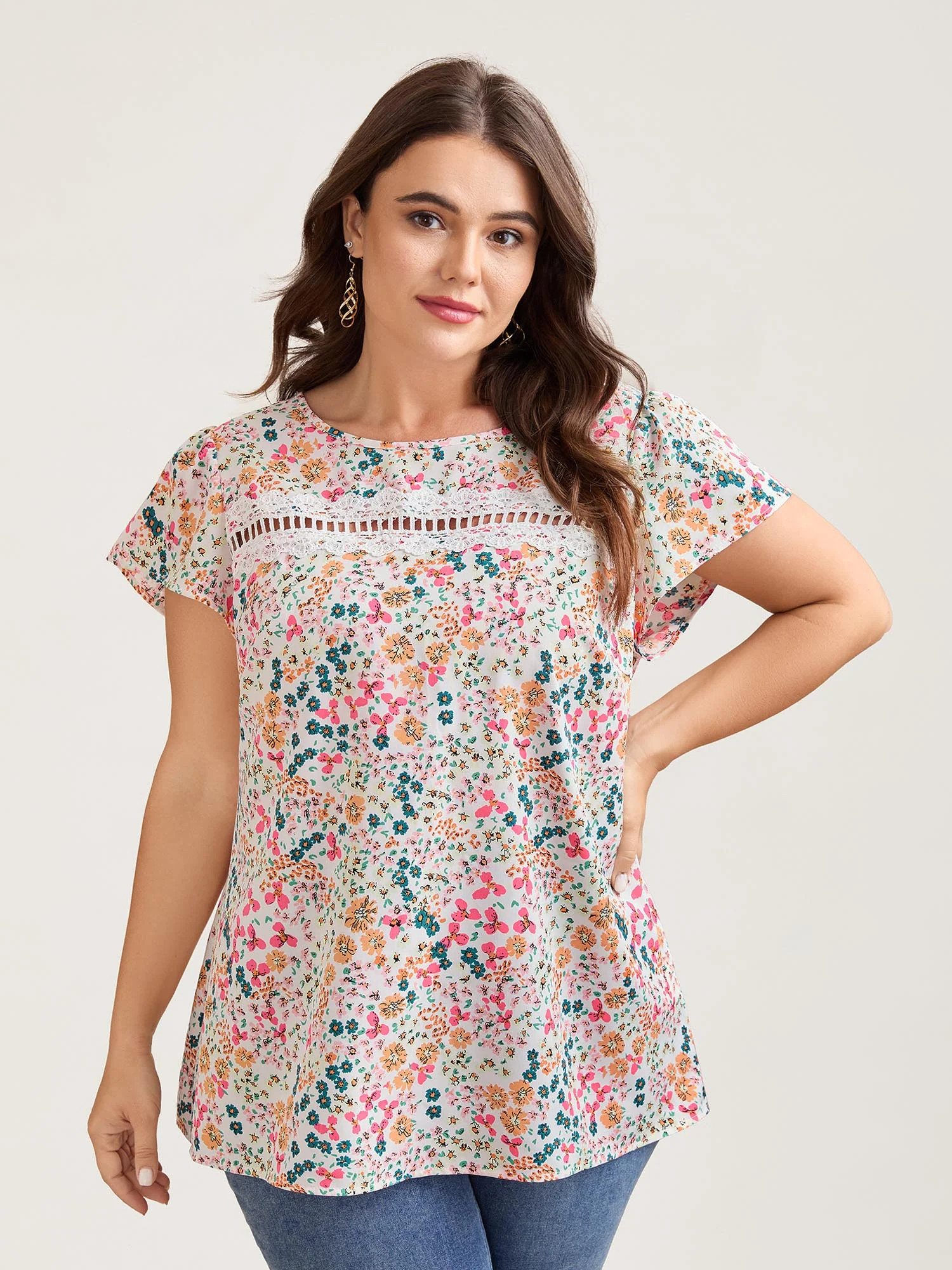 Multi-Color Floral Print Lace Spliced Blouse | Bloomchic