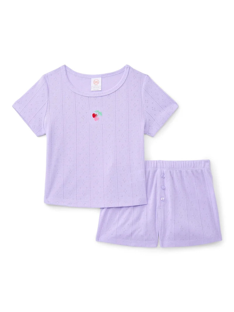 Wonder Nation Girls Pointelle Short Sleeve Top and Shorts Pajama Set, 2-Piece, Sizes 4-18 | Walmart (US)