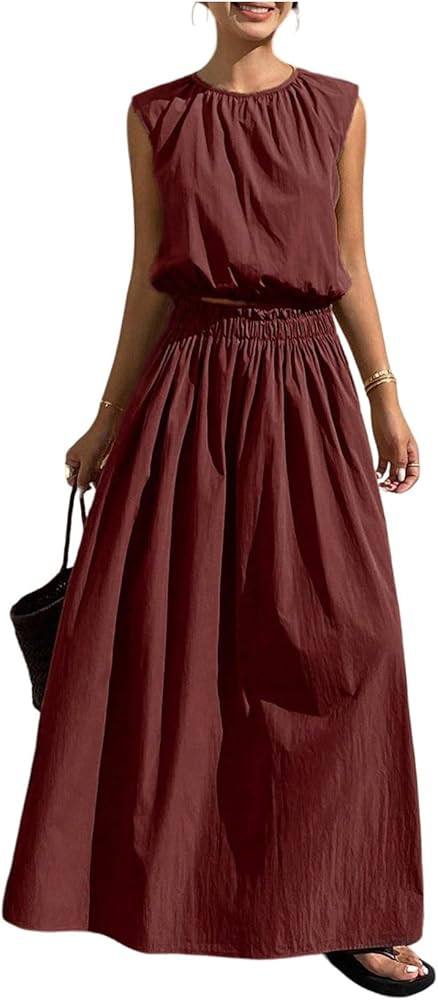 Milumia Women's 2 Piece Outfit Boho Sleeveless Crop Tank Top High Waisted Going Out Maxi Skirt Se... | Amazon (US)