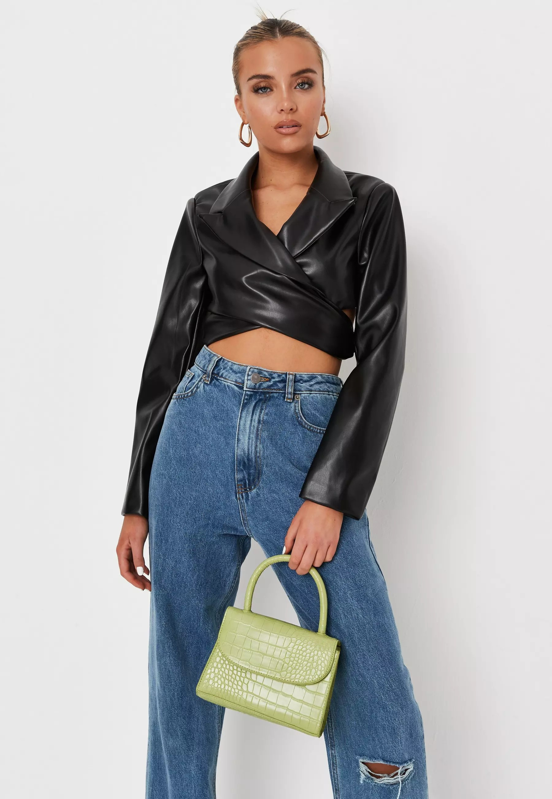 Black Faux Leather Wrap Around Cropped Blazer | Missguided (UK & IE)