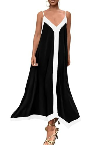 PRETTYGARDEN Women's 2025 Summer Maxi Dress Sleeveless V Neck Spaghetti Strap Flowy Elegant Holiday Party Dresses (Black,Large) | Amazon (US)