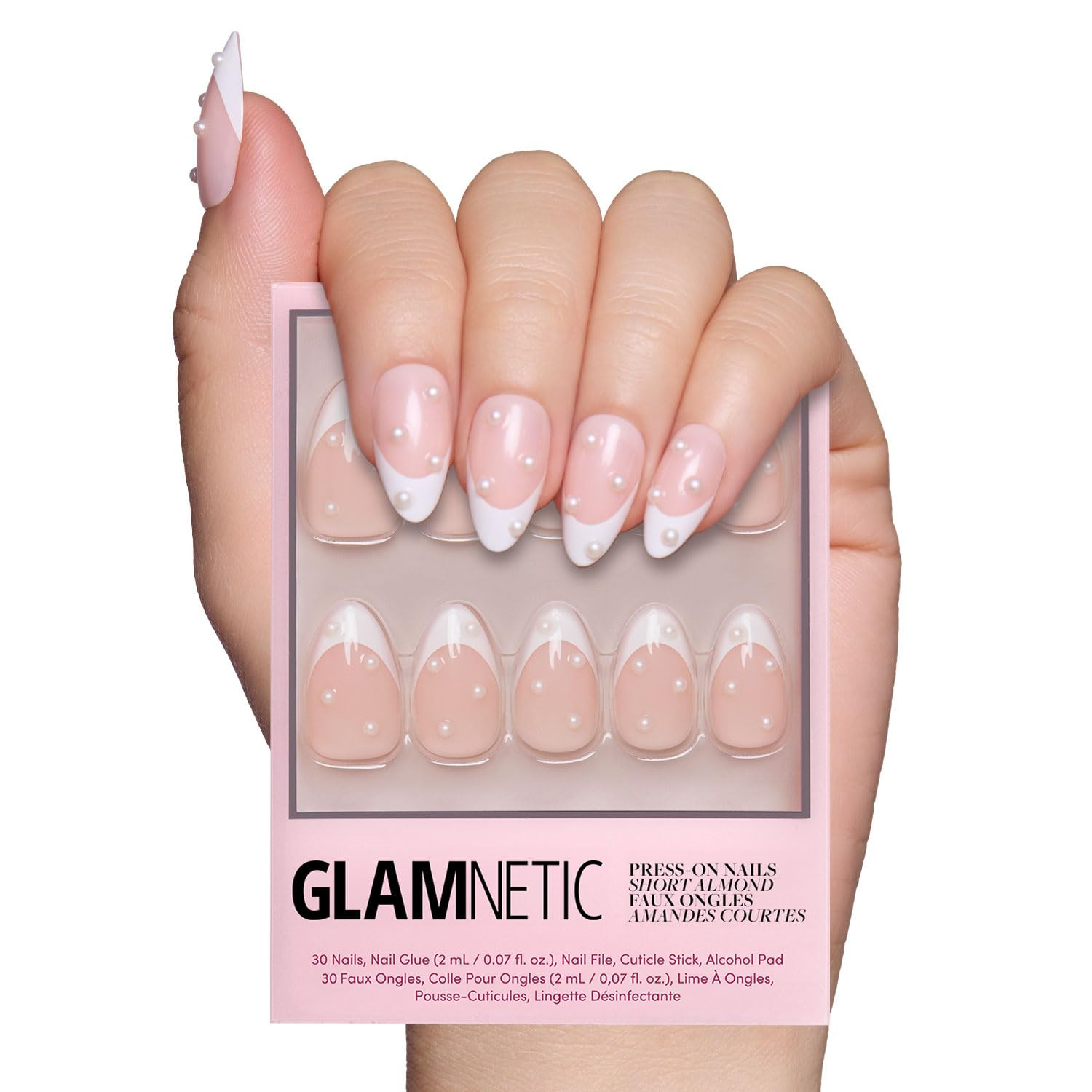 Glamnetic Press On Nails - French Pearl | Glossy, Short Almond French Tip Fake Nails with 3D Acce... | Amazon (US)