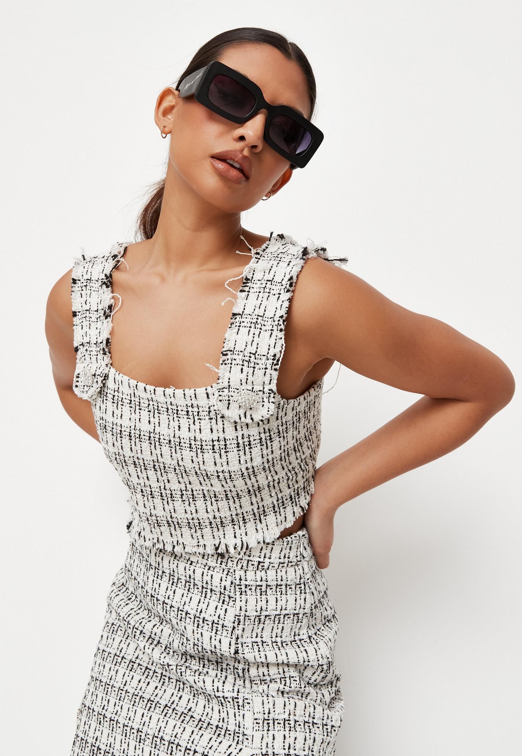 White Co Ord Boucle Diamante Button Crop Top | Missguided (US & CA)