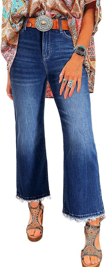 Astylish Womens High Waisted Jeans Stretchy Flared Straight Leg Loose Trendy Raw Hem Denim Pants | Amazon (US)