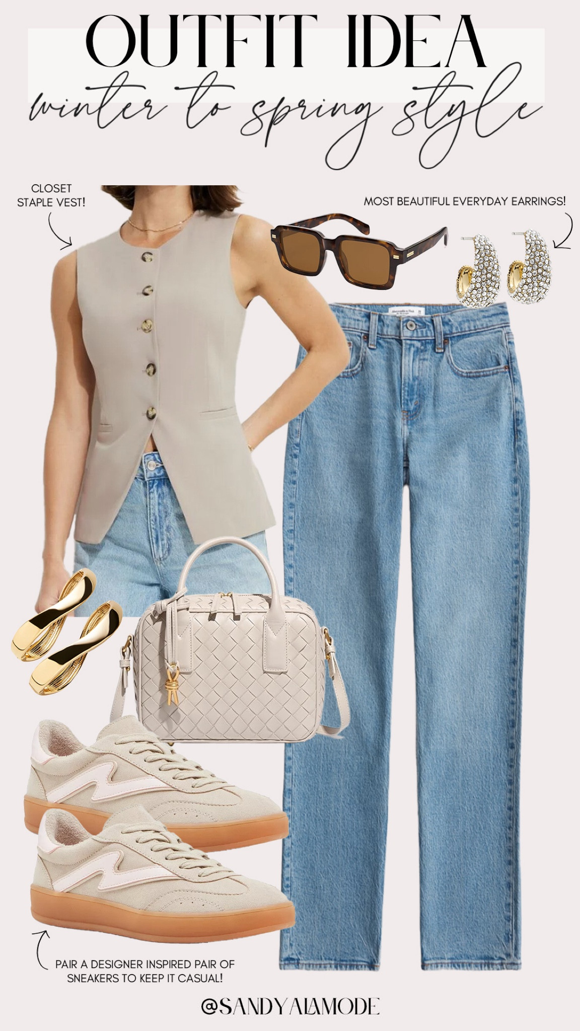 Elevated casual outfit idea. Winter to spring outfit idea. Neutral early spring outfit idea. Chic neutral vest. Statement sneakers. Amazon designer inspired woven handbag  

#LTKStyleTip #LTKFindsUnder100 #LTKSeasonal