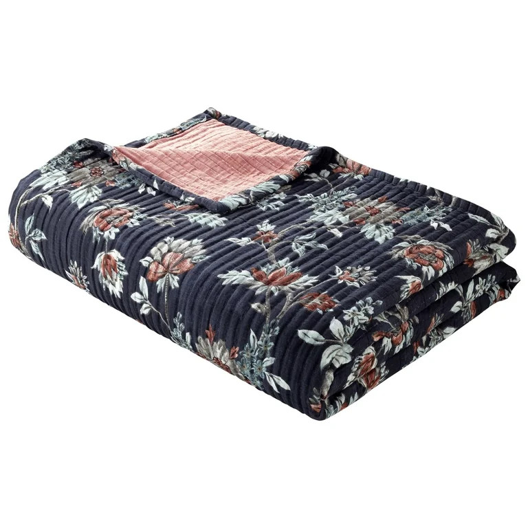 Mainstays 100% Cotton Matelassé Quilt, Full/Queen, Reversible, Navy Floral | Walmart (US)