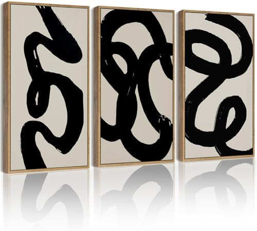 PHOPAGO Black Abstract Wall Art Large 16x24in Ink Wash Minimalist Lines Framed Canvas Painting Ar... | Amazon (US)