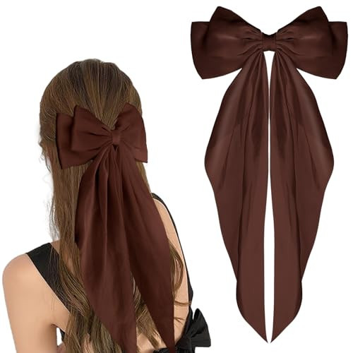 WLLHYF Big Bow Barrettes Long Tail French Ribbon Hair Pins Soft Silky Satin Hair Clip Metal Bowknot Clips 90's Accessories for Party Women Girl (Dark brown) | Amazon (UK)