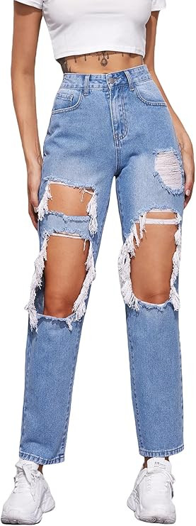 Floerns Women's High Waist Straight Leg Ripped Jeans Distressed Denim Pants | Amazon (US)