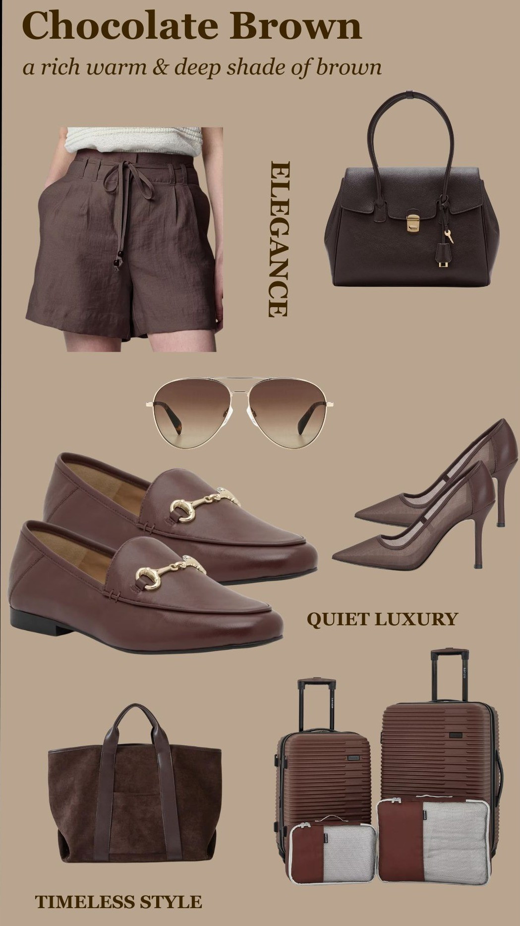 Chocolate brown tote bag, Mango top handle handbag, loafers, pumps, aviator sunglasses, luggage set, hard shell carry-on and check suitcase 

#LTKSaleAlert #LTKTravel