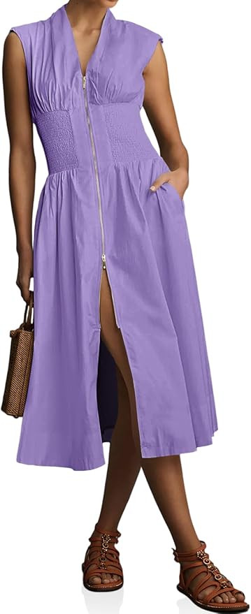 Wenrine Womens Summer Smocked Midi Dress Casual Zipper V Neck Cap Sleeve High Slit Flowy Long Dre... | Amazon (US)