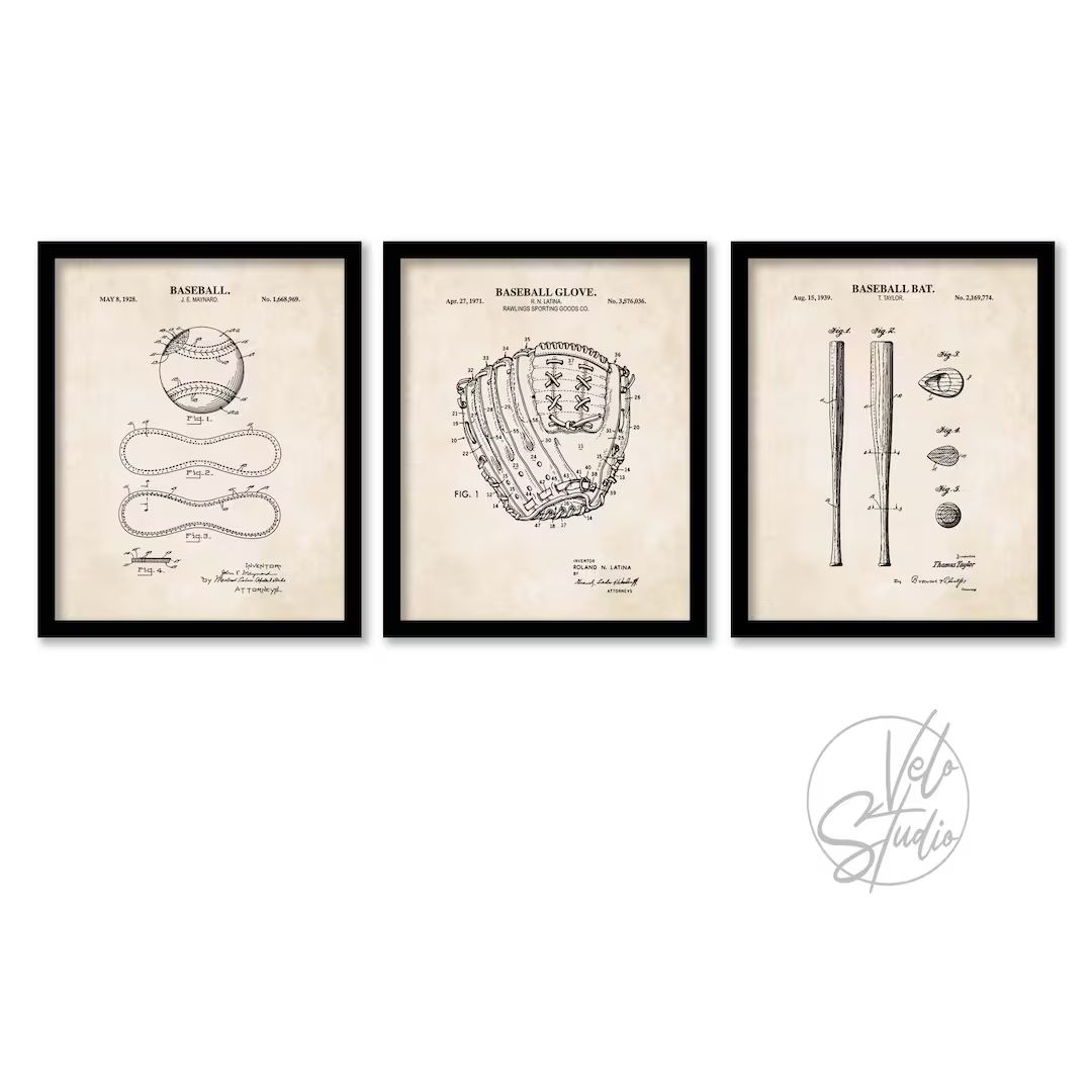Vintage Baseball Patent Wall Art Set 3 Unframed Prints - Etsy | Etsy (US)