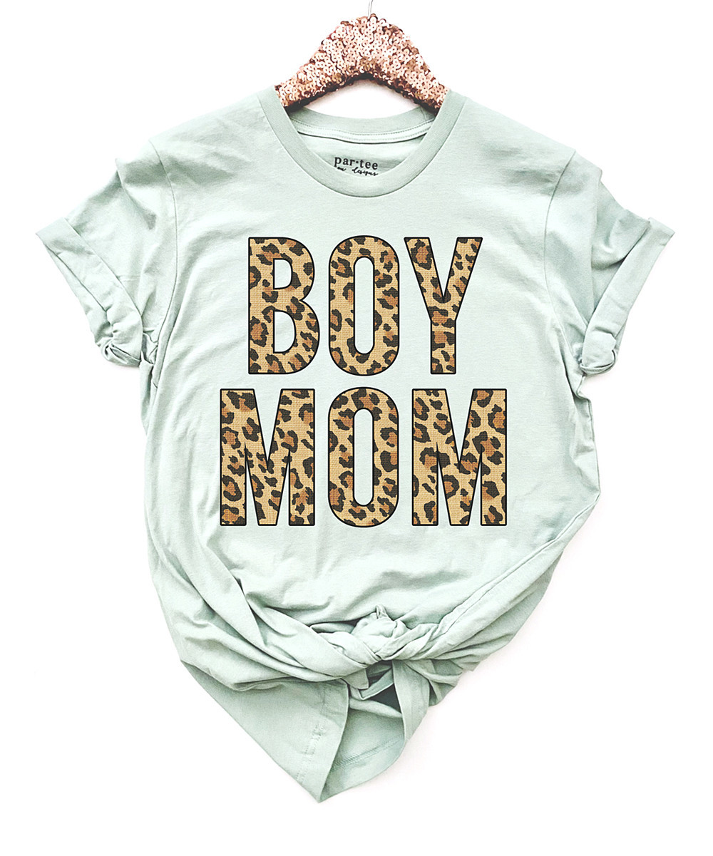 Party On! Women's Tee Shirts Sage - Sage 'Boy Mom' Leopard Boyfriend Tee - Women | Zulily