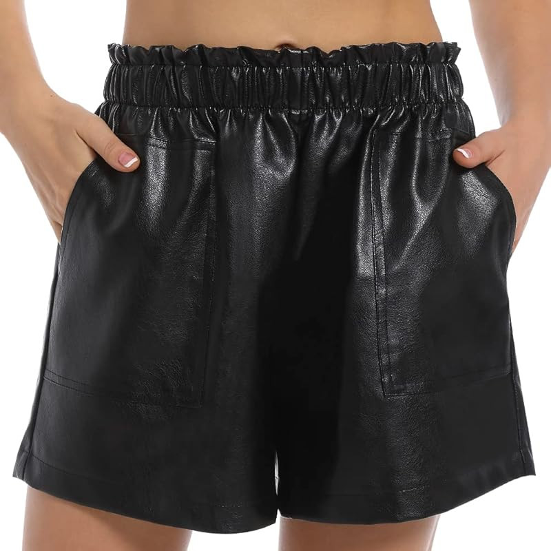 Womens Elastic Waist Loose Shorts with Pockets Faux Leather Shorts | Amazon (US)
