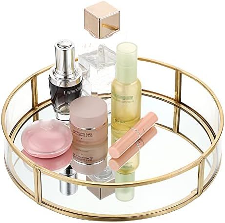 ELLDOO Gold Round Glass Tray Mirror Jewelry Tray Perfume Tray Mirror Vanity Tray Dresser Tray Ornate | Amazon (US)