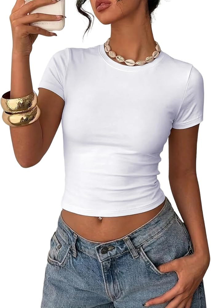 Hilor Women's Casual Basic Cotton T-Shirts Short Sleeve Y2K Going Out Crop Tops Baby Tees Tight F... | Amazon (US)