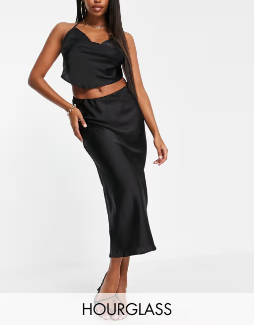 ASOS DESIGN Hourglass satin bias slip midi skirt in black | ASOS (Global)