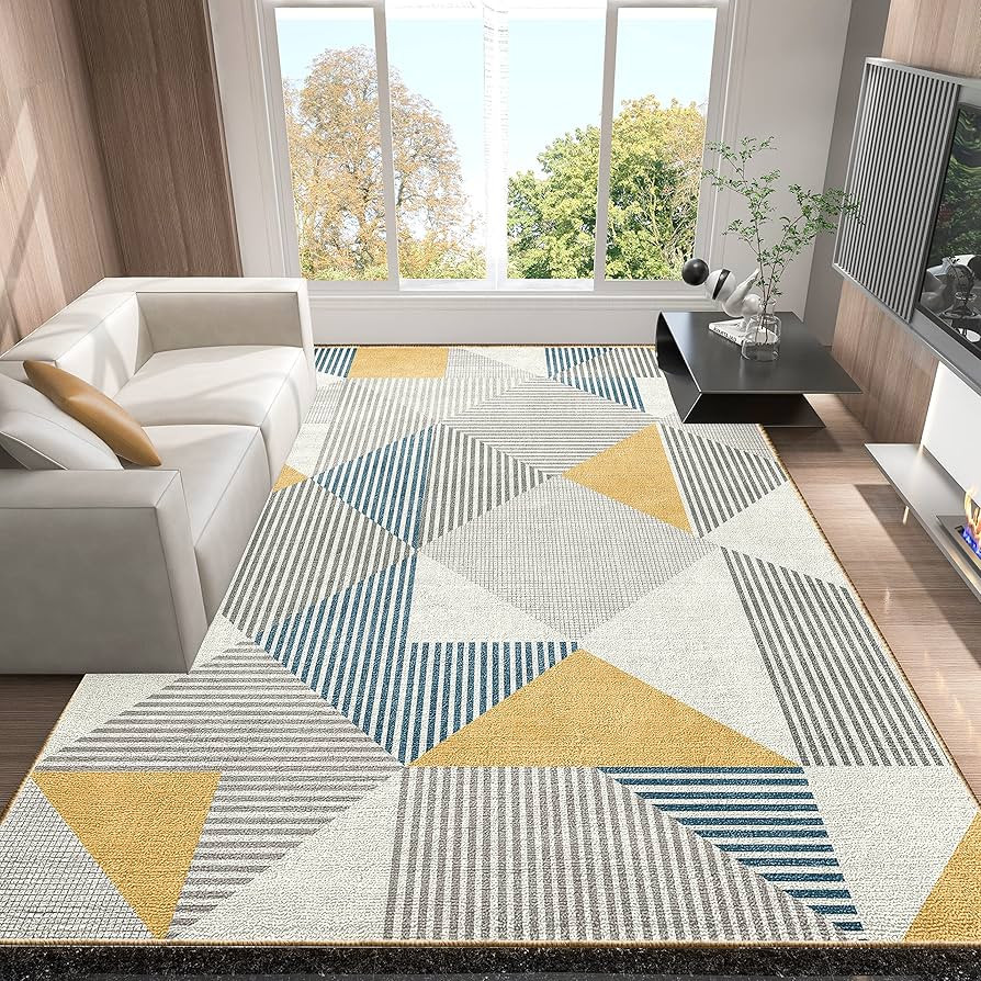 Modern Geometric Area Rug Yellow and Blue Grey Triangle Pattern Stain Resistant Floor Carpet, 8 X... | Amazon (US)