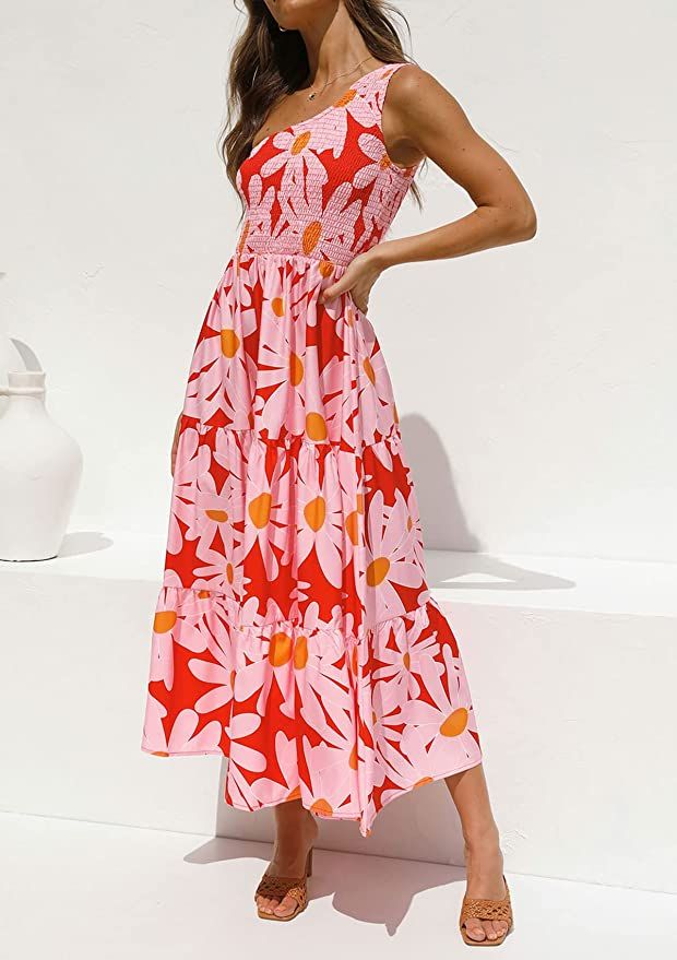 ZCSIA Women's Summer Boho One Shoulder Sleeveless Dresses 2023 Smocked Floral Flowy Ruffle Beach ... | Amazon (US)