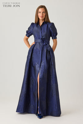 Metallic Jacquard Puff Sleeve Shirt Waist Gown | TERI JON