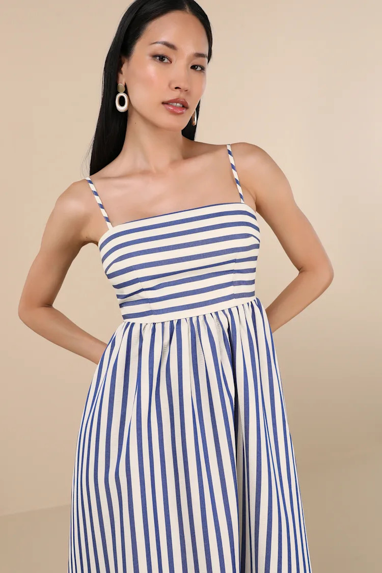Exceptionally Pristine Blue and Cream Striped Cutout Midi Dress | Lulus