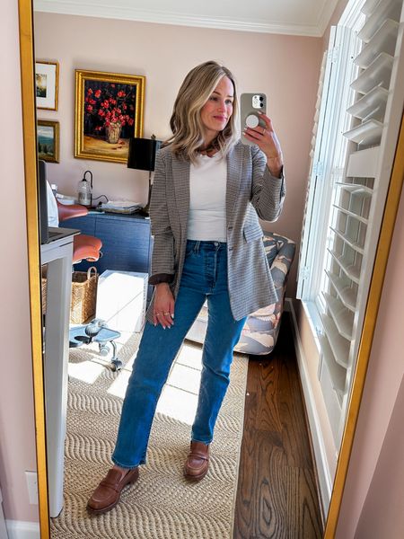 I love these jeans! Such a classic fit. They’re hard to find in stock so I linked multiple retailers that have various sizes! 

My blazer is old but i linked in case it restocks and added ones I’d buy now for a similar look. (I love the lavender one for spring!!!)

Loafers are TTS and tee runs small. 

#LTKover40 #LTKworkwear