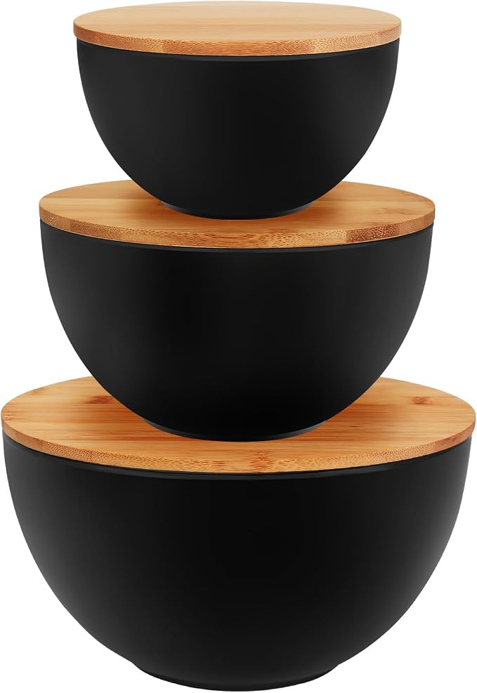 Salad Bowl Set of 3, Natural Bamboo Fiber Salad Serving Bowls with Lids,Mixing Bowl for Preparing... | Amazon (US)