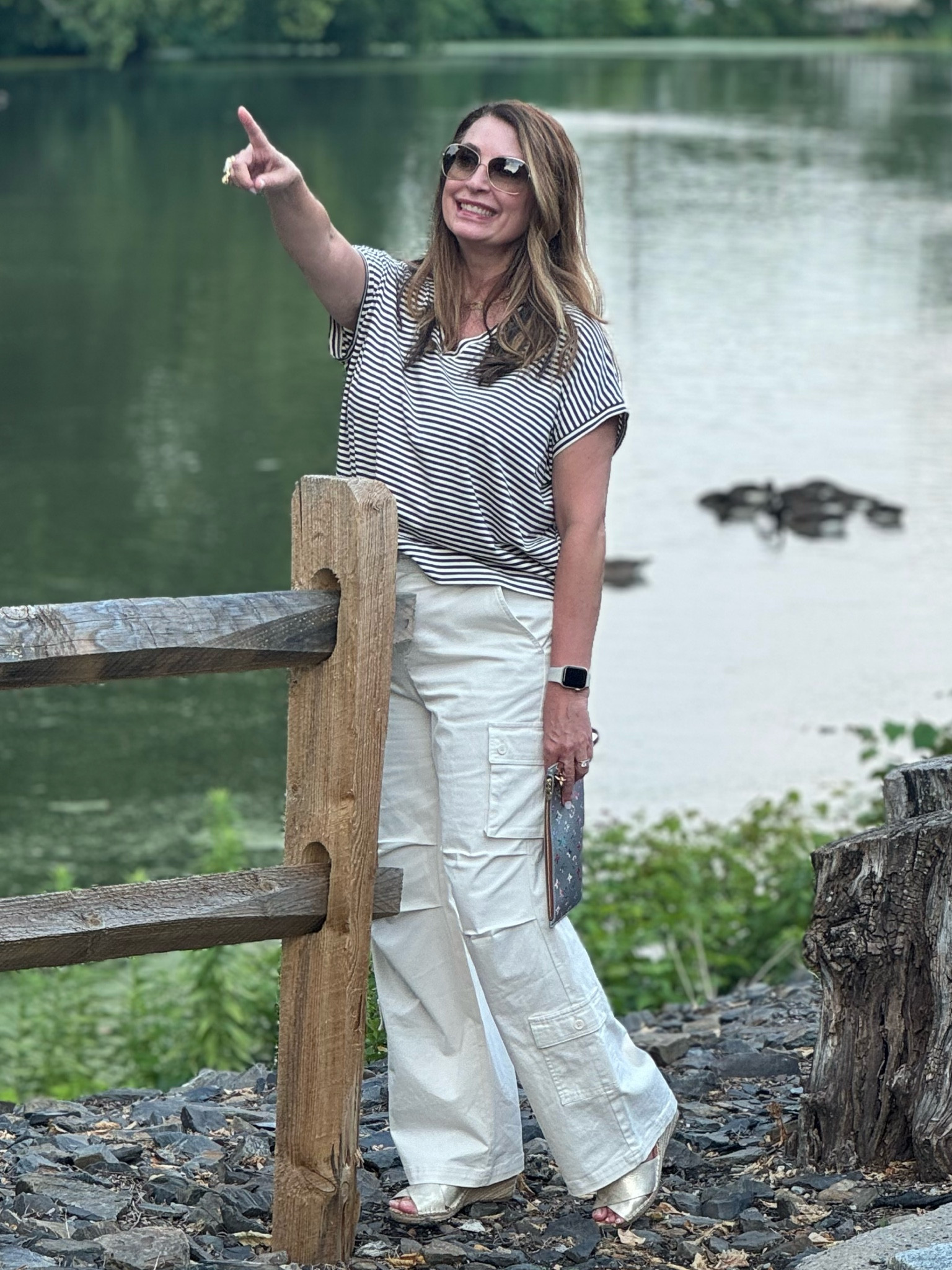 Just me pointing out a bald eagle that flew right over my head! Headed to dinner with my sister wearing my favorite $30 cargo pants and a classic striped t-shirt. Girls nights out are the best! 

#LTKMidsize #LTKSaleAlert #LTKFindsUnder50