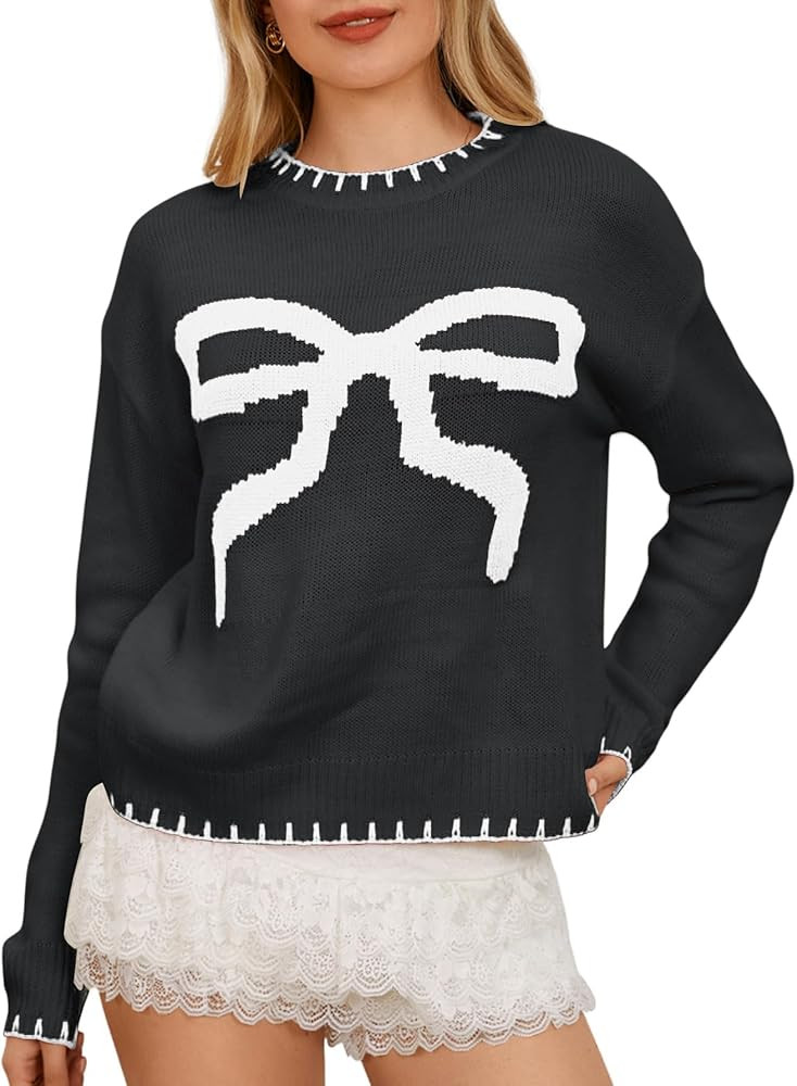MakeMeChic Women's Bow Knot Sweater Contrast Binding Long Sleeve Round Neck Pullover Knit Tops Wh... | Amazon (US)