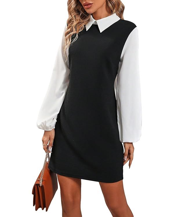 Floerns Women's Colorblock Lantern Long Sleeve 2 in 1 Office Shirt Dress | Amazon (US)