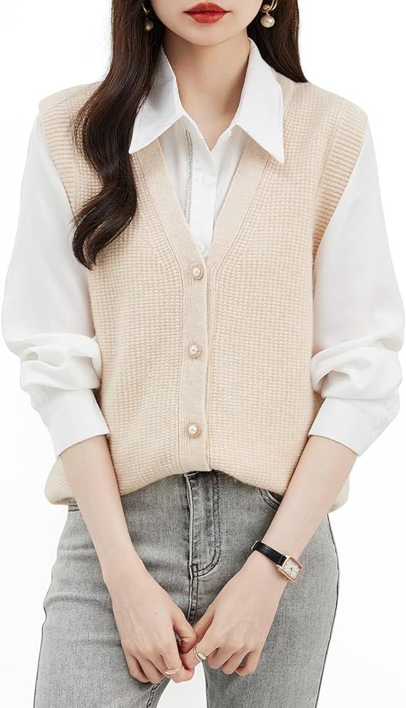 LINY XIN Women's 100% Merino Wool Sweater Vest 2023 Fall Winter V Neck Button Down Sleeveless Kni... | Amazon (US)