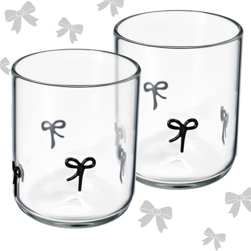 Kidum 2 Pcs Bow Icon Glass Juice Cups Coquette Bow Aesthetic 14oz Handblown Cocktail Glasses for Women Coquette Aesthetic Drinking Glass Old Fashioned Iconic Glasses for Parties (Black) | Amazon (US)