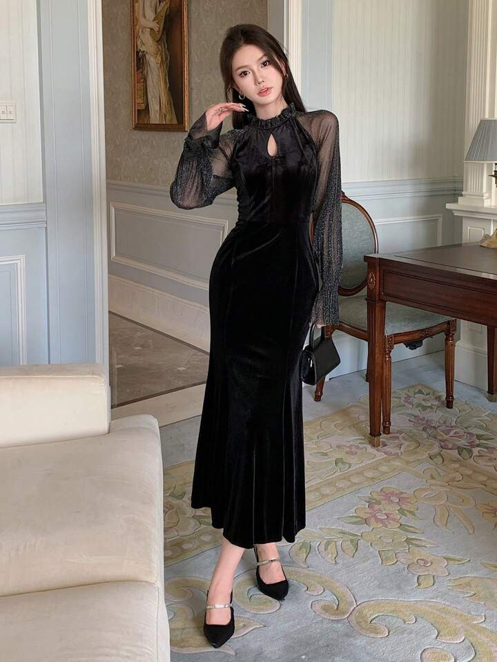 DAZY Contrast Mesh Flounce Sleeve Mermaid Hem Velvet Dress | SHEIN