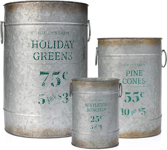 AuldHome Christmas Greenery Buckets (Set of 3), Large, Medium, & Small Galvanized Metal Farmhouse... | Amazon (US)