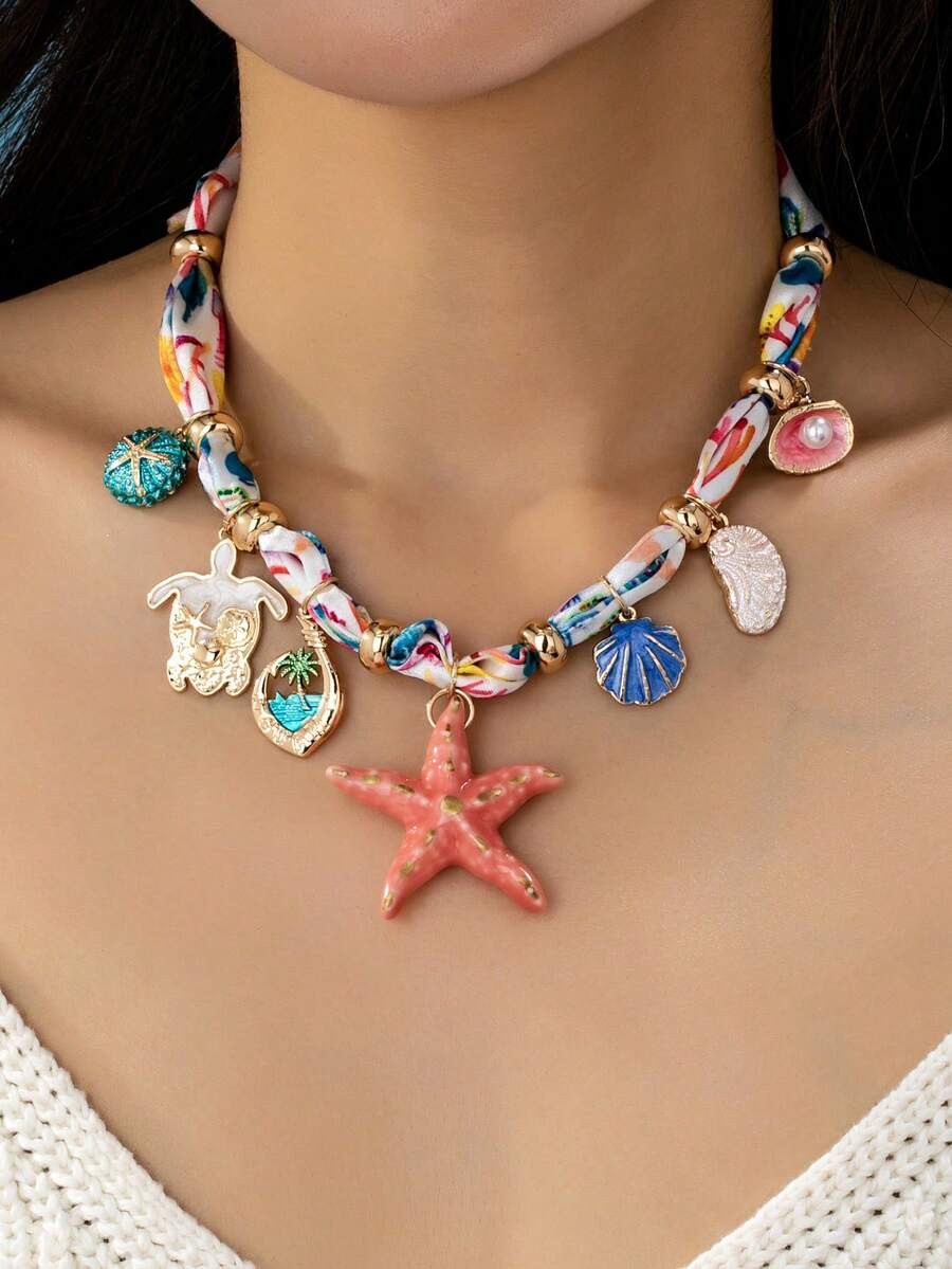 1 Pc Handmade Porcelain Starfish Sea Turtle Sealife Charm Necklace, Boho Scarf Necklace With Shel... | SHEIN