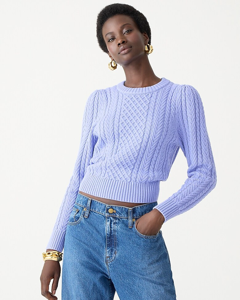 Cable-knit puff-sleeve crewneck sweater | J. Crew US