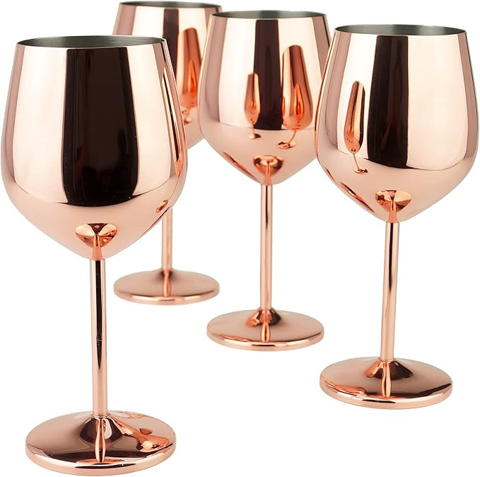 PG Copper / Rose Gold Stem Stainless Steel Wine Glass Set 4 - 18.5 oz | Amazon (US)