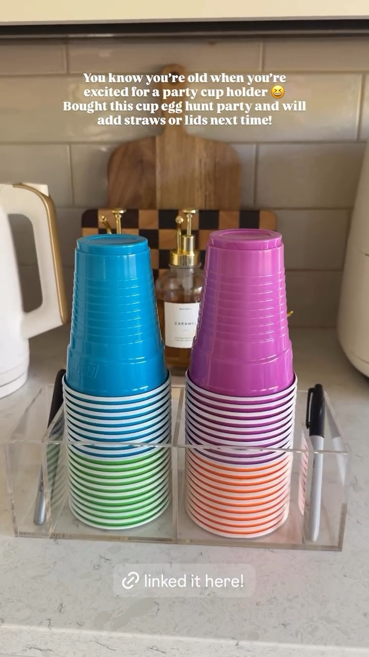You know you're old when you're excited for a party cup holder. 
Bought this cup egg hunt party and will add straws or lids next time!