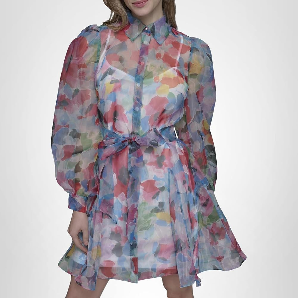 Karl Lagerfeld Women's Long Sleeve Collared Organza Overlay Belted Mini Dress | Amazon (US)