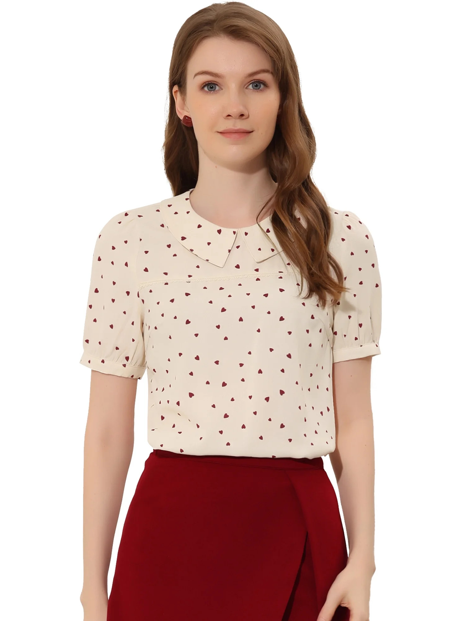 Unique Bargains Women's Heart Sweet Peter Pan Collar Puff Short Sleeve Blouse M Beige | Walmart (US)
