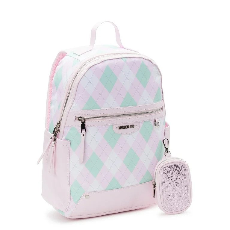 Madden NYC Juniors Dome 17” Laptop Backpack with Pouch, Pink Argyle | Walmart (US)