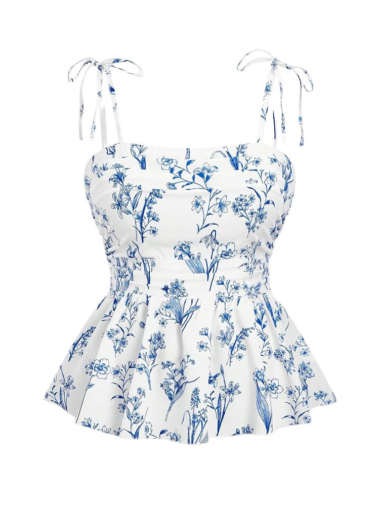 Floerns Women's Plus Size Floral Tie Shoulder Cami Tops Ruched Ruffle Hem Camisole | Amazon (US)